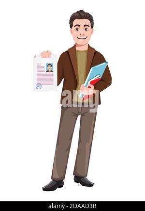 Personnage de dessin animé d'homme d'affaires à vecteur boursier de style plat. Jeune homme d'affaires beau tenant le CV et les documents. Illustration vectorielle Illustration de Vecteur