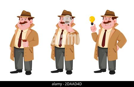 Personnage de détection de vecteur de stock, jeu de trois poses. Personnage de dessin animé Investigateur. Illustration vectorielle isolée sur blanc Illustration de Vecteur