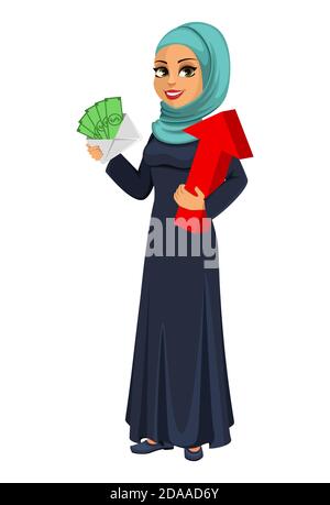 Vecteur de bourse arabe femme d'affaires tenant de l'argent et la flèche rouge. Belle femme d'affaires musulmane personnage de dessin animé de style plat. Illustration vectorielle Illustration de Vecteur