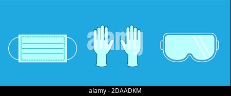 Masque de protection, gants et lunettes, ensemble d'icônes de couleur. Équipement médical de protection individuelle, symboles EPI. Prévention du coronavirus. Équipement de sécurité. Illustration de Vecteur