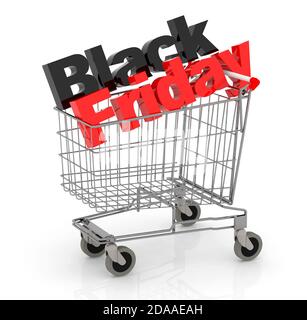 Texte 3D Vendredi noir dans le panier, isolé sur l'illustration 3d blanche Banque D'Images
