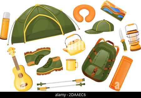 Ensemble d'objets vectoriels de couleur plat de l'équipement de camping Illustration de Vecteur