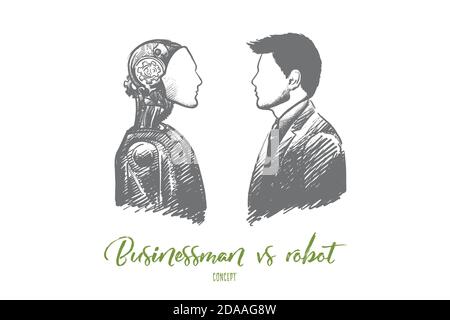 Concept homme d'affaires contre robot. Vecteur isolé tracé à la main. Illustration de Vecteur