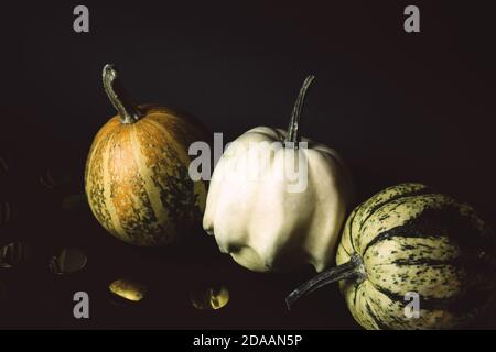 Trois citrouilles et décor de confettis en papier doré isolés sur un fond noir. C'est l'heure d'Halloween. Ambiance Halloween. Un minimum de créativité Banque D'Images