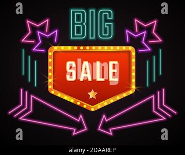 Grande vente néon soupir avec flèches et étoiles vecteur Illustration de Vecteur