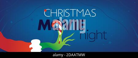 Couverture Facebook de Noël Movie Night, main verte de Grinch sur fond bleu. Illustration vectorielle, dépliant de site Web, modèle d'invitation pour la fête Illustration de Vecteur