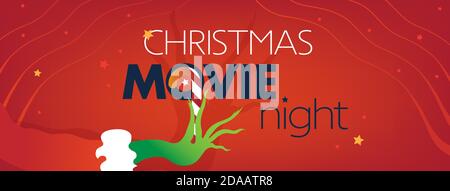 Couverture Facebook de Noël Movie Night, main verte de Grinch sur fond rouge. Illustration vectorielle, dépliant de site Web, modèle d'invitation pour la fête Illustration de Vecteur