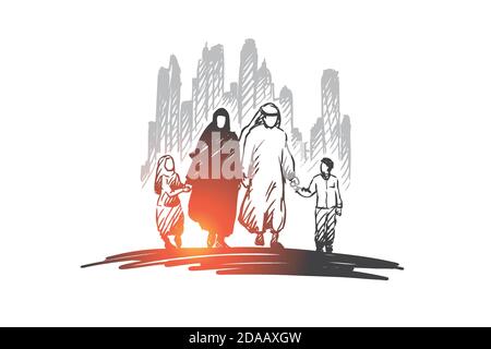 Arabe, famille, musulman, concept de culture. Vecteur isolé tracé à la main. Illustration de Vecteur