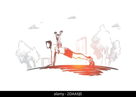 Famille, activité, papa, enfant, concept push up. Vecteur isolé tracé à la main. Illustration de Vecteur