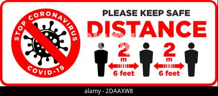 Panneau d'avertissement Veuillez maintenir une distance de sécurité de 2 m ou 6 pieds. Mesures de quarantaine, risque d'infection à coronavirus COVID-19. Illustration, vecteur sur le disque de secours Illustration de Vecteur