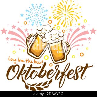 Feu d'artifice Oktoberfest Beer Festival - affiche, carte de vœux avec tasses de bière, oreilles de blé et texte Illustration de Vecteur