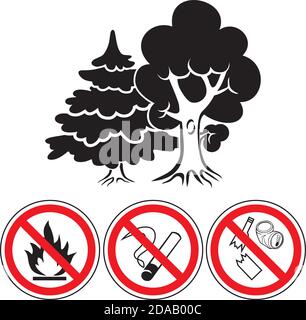 Forêt mixte et symboles d'interdiction. Ligne fine de style plat, icône de contour de forêt mixte, parc, arbres Illustration de Vecteur