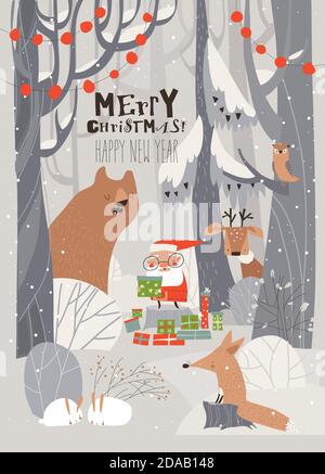 Caricature du Père Noël avec des animaux dans la forêt d'hiver Illustration de Vecteur