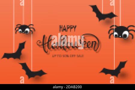 Bonne composition pour halloween avec araignées et chauves-souris suspendues. Jusqu'à 50 de réduction sur les soldes. Vecteur Illustration de Vecteur