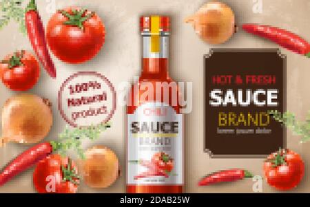 Bouteille de sauce Chili naturelle fraîche et chaude entourée de tomates, d'oignons et de poivrons. Placer pour le texte. Positionnement réaliste des maquettes 3D. Vecteur Illustration de Vecteur