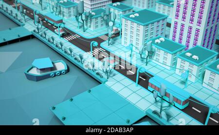 bleu jouet basse poly ville 3d rendu image Banque D'Images