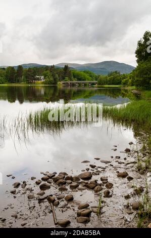 Vue sur le Loch Insh et le pont de Kincroig près du village de Kincroig dans le parc national de Cairngorms, Inverness-shire, Écosse. Juin. Banque D'Images