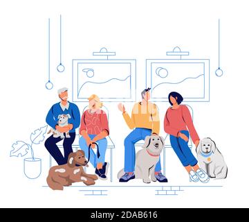 Personnes et animaux en file d'attente à un médecin vétérinaire, illustration vectorielle plate. Illustration de Vecteur