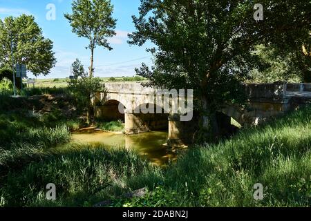 Pont traversant la rivière Ucieza. French Way, Way of St. James. Près de Revenga de Campos, Palencia, Castille et Leon, Espagne, Europe Banque D'Images