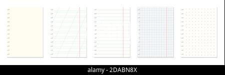 Papier pour notes à lignes différentes. Feuilles de papier vierges pour les devoirs et les exercices. Modèles vectoriels définis pour les mémos Illustration de Vecteur