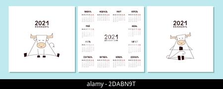 Ensemble vectoriel de 2021 calendriers. Design carré. Calendrier avec joyeux sourire nouvel an blanc bœuf, taureau, vache. Modèle de calendrier de poche, de bureau ou mural Illustration de Vecteur