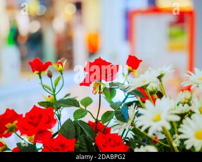 Roses rouges artificielles et pâquerettes blanches sur fond de verre flou Banque D'Images