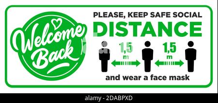 Ouvrez le panneau sur la porte d'entrée - bienvenue à nouveau! Nous travaillons à nouveau. Gardez une distance de sécurité sociale et utilisez un masque facial. Vecteur Illustration de Vecteur