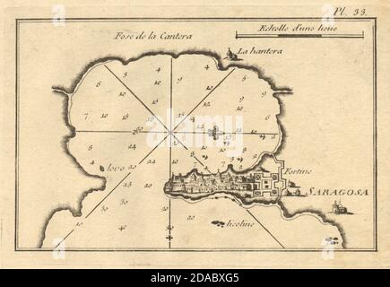 Saragosa. La ville et le port de Syracuse, Sicile, Italie. ROUX 1804 ancienne carte Banque D'Images