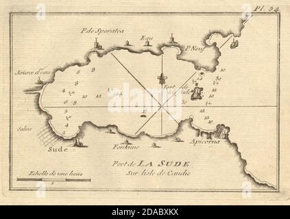 Port de la Sude. Port et baie de Souda, Chania, Crète. Grèce. ROUX 1804 ancienne carte Banque D'Images