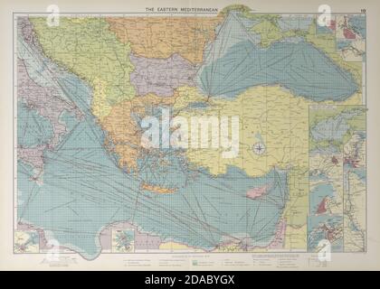 Carte de la Méditerranée orientale et de la mer Noire. Ports phares courrier. GRANDE carte de 1927 Banque D'Images