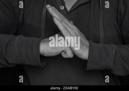 Kung Fu salutation à la main avec poing et paume. L'homme adulte dépeint le rituel d'accueil dans les arts martiaux avec deux mains. Kung Fu, Wushu, boxe thaï Banque D'Images