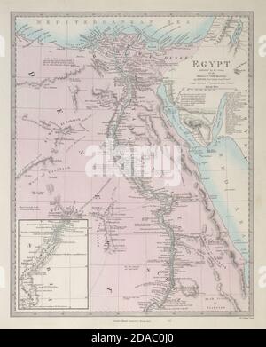 ÉGYPTE. Vallée du Nil. Sites anciens. Couleur du contour d'origine. Carte SDUK 1857 ancienne Banque D'Images
