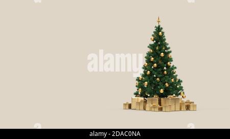 Sapin de Noël avec cadeaux et ornements dorés rendu 3D Banque D'Images