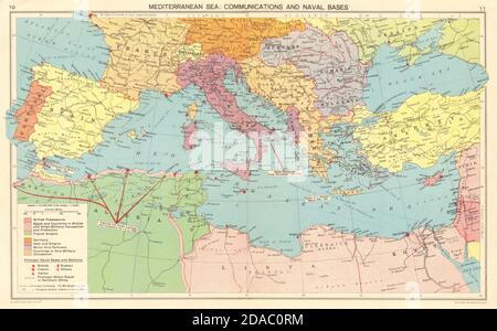 WW2 BASES navales MÉDITERRANÉENNES. Axe occupé Europe Allied North Africa 1943 carte Banque D'Images