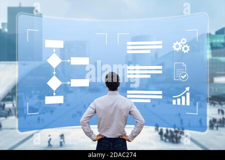 Gestion des processus métier avec organigramme pour améliorer l'efficacité et la productivité. Gestionnaire analysant le flux de travail sur l'écran de l'ordinateur pour mettre en œuvre la robotique Banque D'Images