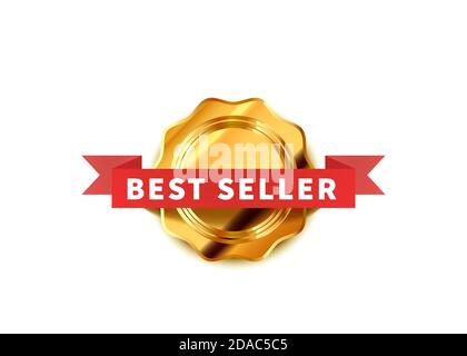 Badge brillant avec ruban rouge, icône brillant BEST seller sur blanc Illustration de Vecteur
