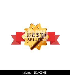 Badge brillant avec ruban rouge, icône dorée BEST seller isolée sur blanc Illustration de Vecteur