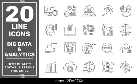 Ensemble d'icônes de lignes vectorielles technologiques liées à l'analyse de données. Contient des icônes telles que des graphiques, des graphiques, des analyses de trafic, des analyses de données, des grands volumes de données et bien plus encore Illustration de Vecteur