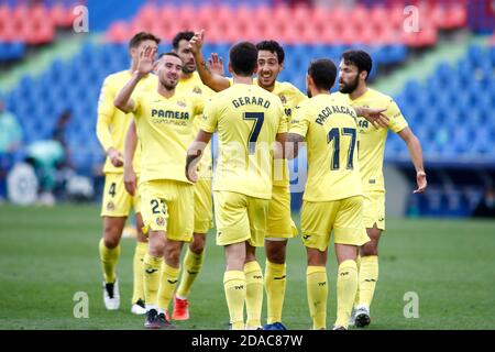 Gérard Moreno de Villarreal célèbre un but avec ses coéquipiers pendant Match de football de championnat espagnol la Liga entre Getafe CF Et Villarreal P. Banque D'Images