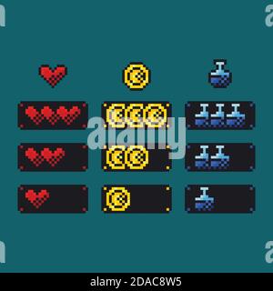 Ensemble d'illustrations vectorielles pixel art - 8 bits style rétro barre d'indicateurs de santé, mana et argent, jeu de sprite design Illustration de Vecteur