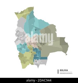 Bolivie higt carte détaillée avec subdivisions. Carte administrative de la Bolivie avec le nom des districts et des villes, coloré par les États et distri administratif Illustration de Vecteur