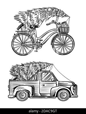 Voiture et vélo avec un arbre de Noël. Épicéa dans les bagages du camion. Concept de livraison. Illustration vectorielle pour étiquette, badge, logo, carte postale ou Illustration de Vecteur