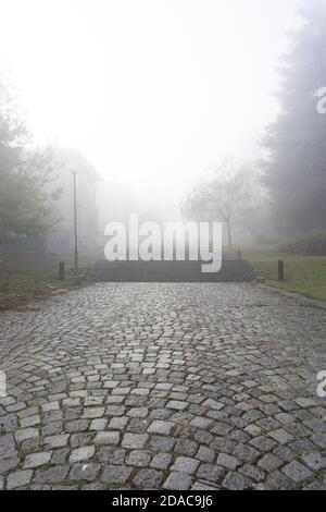 Revêtement de la route en pierre avec brouillard devant. Tir vertical Banque D'Images