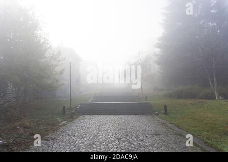Revêtement de la route en pierre avec brouillard devant. Tir horizontal Banque D'Images