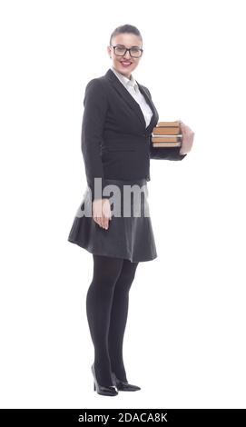 en pleine croissance. une femme d'affaires souriante avec une pile de livres Banque D'Images