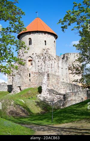 Vue sur la tour médiévale du château Livonien dans la plus ancienne ville lettone Thèse au printemps Banque D'Images