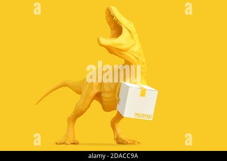 Tyrannosaurus avec carton. Concept de service de livraison. Rendu 3D Banque D'Images