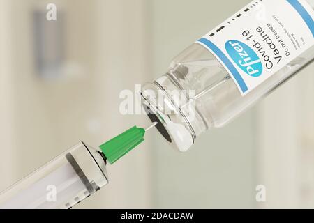 Buenos Aires, Argentine - novembre 11 : flacon de vaccin Pfizer Covid -19 et seringue d'injection isolés sur fond blanc. illustration 3d. Banque D'Images