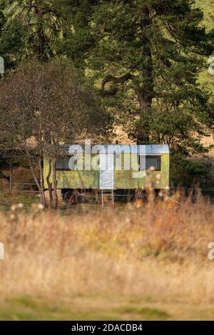 Il y a longtemps abandonné remorque vert jaune chaud soleil jour automne couleurs vives près du ranch en bulgarie Banque D'Images