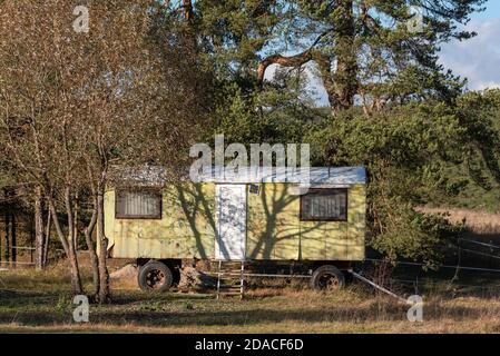 Il y a longtemps abandonné remorque vert jaune chaud soleil jour automne couleurs vives près du ranch en bulgarie Banque D'Images